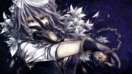 HD PC desktop wallpaper featuring Sakuya Izayoi from the anime Touhou, depicting her with silver hair and striking red eyes against a dark, detailed background.