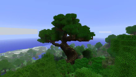 A stunning HD wallpaper featuring a majestic tree in the vibrant world of Minecraft, showcasing lush greenery and scenic views of the surrounding landscape.