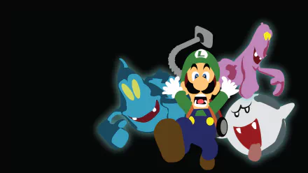 HD PC desktop wallpaper featuring Luigi from the video game Luigi's Mansion, surrounded by colorful ghost characters on a dark background.