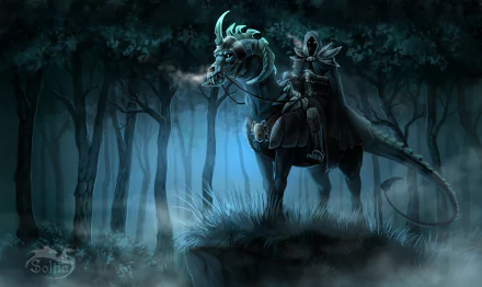 HD PC desktop wallpaper featuring a dark warrior clad in armor riding a horned, reptilian steed through a misty, shadowy forest at night.