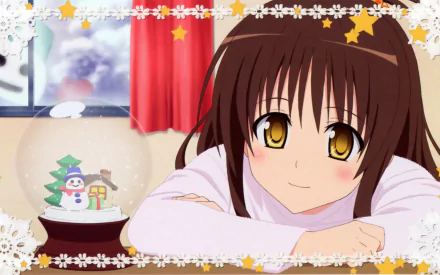 A vibrant HD desktop wallpaper featuring Mikan Yuuki from To Love-Ru, capturing her joyful expression in a cozy winter setting with a snow globe.