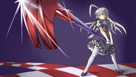 HD anime desktop wallpaper featuring Nyaruko from Nyaruko: Crawling with Love! wielding a large red weapon against a dark purple background.
