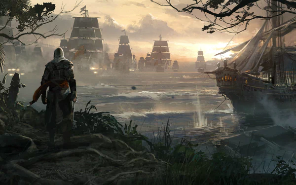 A captivating HD wallpaper from Assassin's Creed IV: Black Flag, featuring an assassin overlooking a misty harbor filled with ships against a dramatic sunset sky.