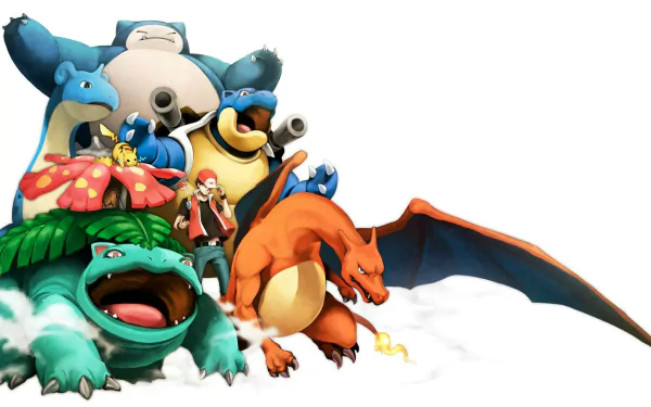 HD PC desktop wallpaper featuring iconic Pokémon and the Red and Blue trainer from the classic video game Pokémon: Red and Blue.