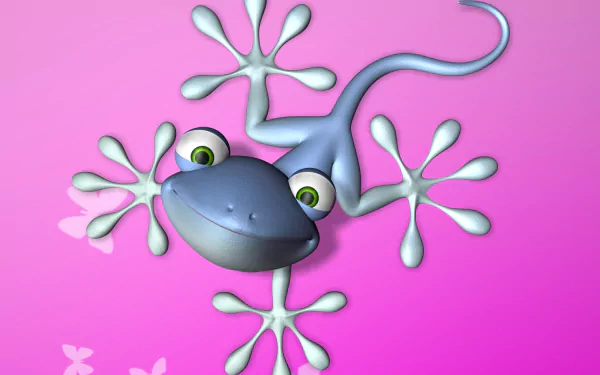 3D cartoon-style gecko with large eyes and webbed feet against a vibrant pink background, rendered as artistic 3D art for an HD PC desktop wallpaper.
