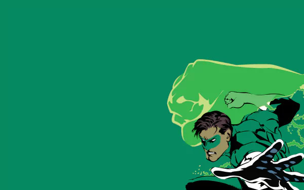Comic-style Green Lantern lunging right, projecting a glowing green energy fist against a wide green field — HD PC desktop wallpaper.
