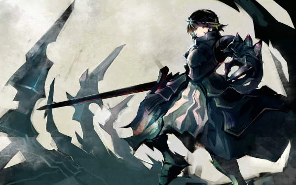 Anime-style HD desktop wallpaper featuring a dark-armored character from Fate/Hollow Atarax wielding a large weapon against a muted, abstract background.