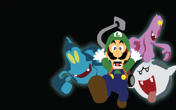 HD PC desktop wallpaper featuring Luigi from the video game Luigi's Mansion, surrounded by colorful ghost characters on a dark background.