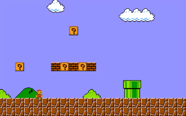 HD PC desktop wallpaper featuring a classic Super Mario Bros. scene with Mario, question blocks, bricks, a green pipe, and blue sky with clouds.