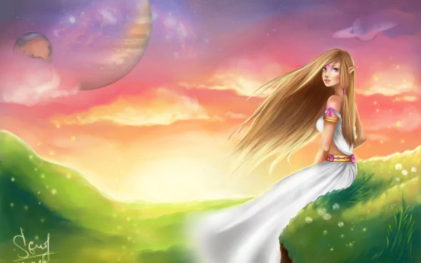 HD fantasy PC desktop wallpaper featuring a serene elf with long hair seated on a grassy hill under a colorful sky with a large planet in the background.
