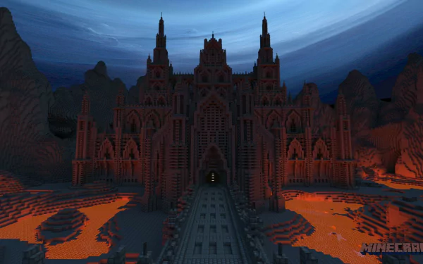 Minecraft HD desktop wallpaper featuring an impressive, detailed castle structure surrounded by mountains and lava, set under a twilight sky.
