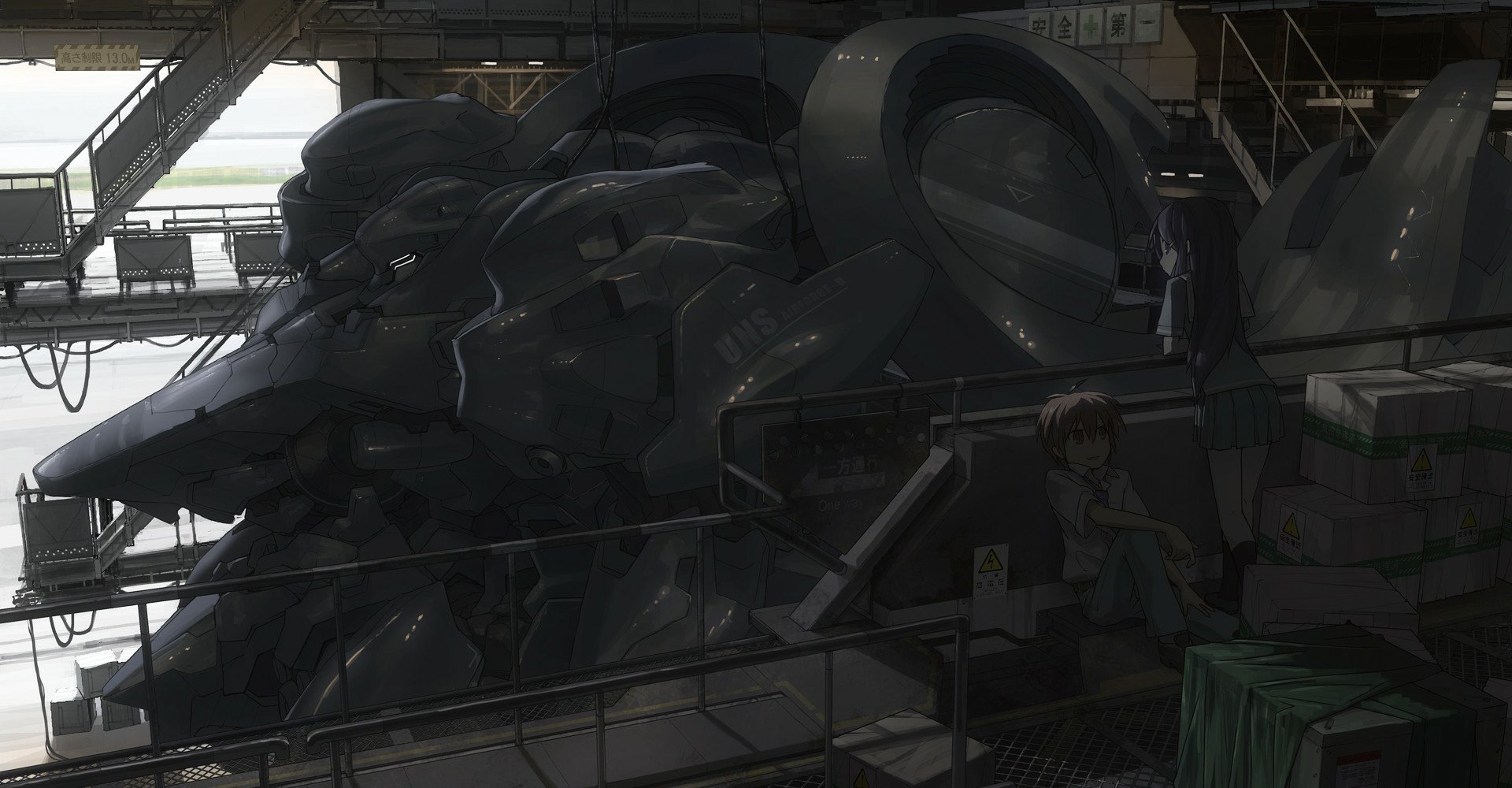 HD PC desktop wallpaper featuring a dark sci-fi anime scene with a futuristic robotic structure inside an industrial hangar.