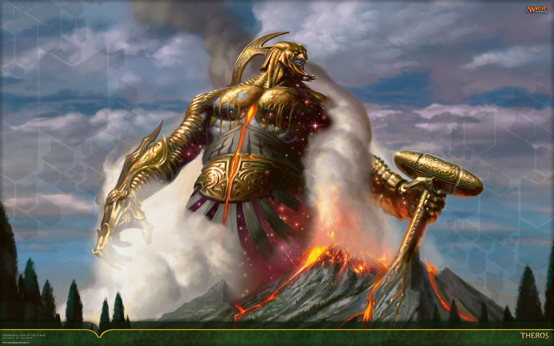 A colossal, golden figure towers over a volcanic landscape, surrounded by smoke and dramatic clouds, capturing the essence of Magic: The Gathering in this HD PC desktop wallpaper.