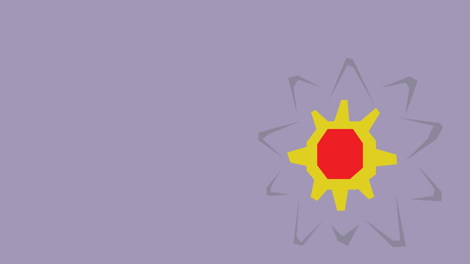 Minimalist HD PC desktop wallpaper of Starmie (Pokémon): flat mauve background with a stylized yellow-and-red Starmie and a faint gray star outline, minimalist gaming aesthetic.