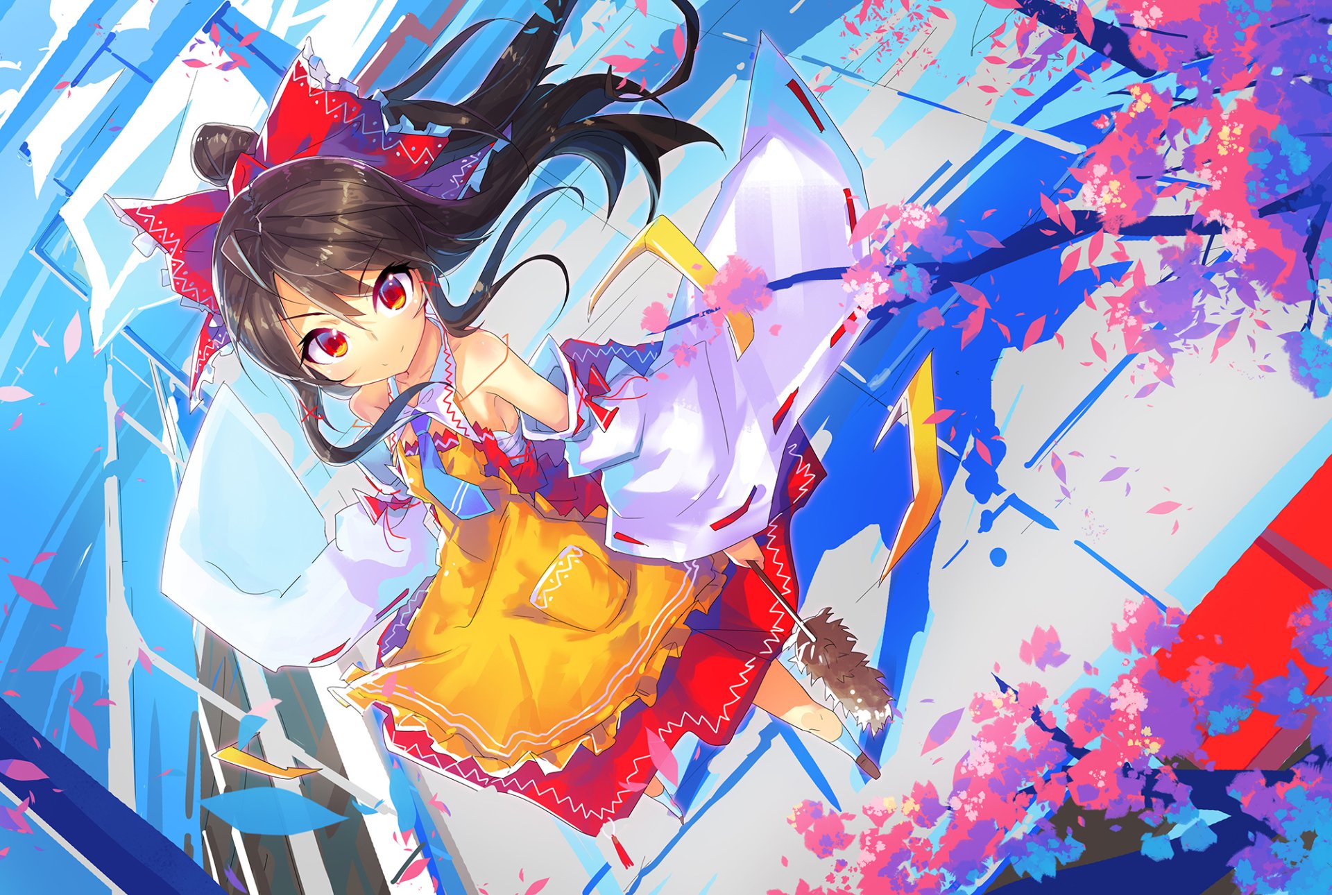 HD PC desktop wallpaper featuring Reimu Hakurei from the anime Touhou, surrounded by vibrant blue and pink abstract elements and cherry blossoms.