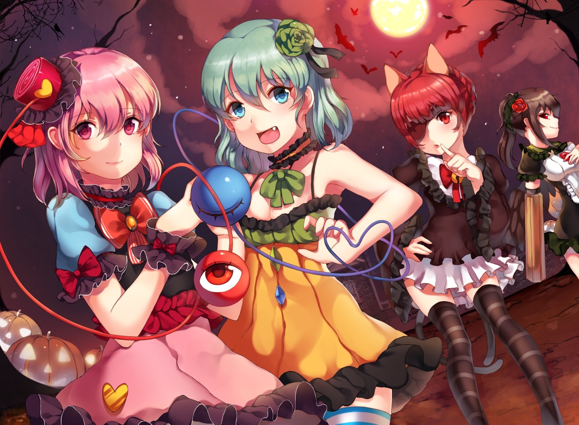 HD anime desktop wallpaper featuring Utsuho Reiuji, Satori Komeiji, Koishi Komeiji, and Rin Kaenbyou from Touhou, showcasing vibrant colors and dynamic poses.