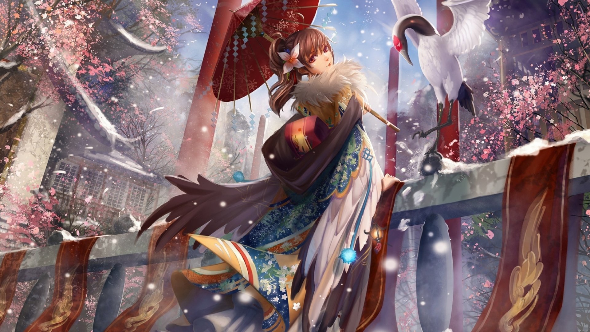 A stunning HD anime wallpaper featuring a girl in traditional attire holding an umbrella, accompanied by a crane amidst blooming cherry blossoms in a spring setting.