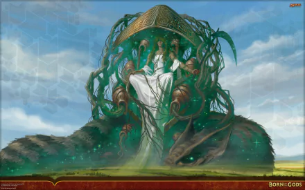 A visually striking HD wallpaper featuring a majestic figure intertwined with nature, inspired by the fantasy universe of Magic: The Gathering, set against a dramatic sky.