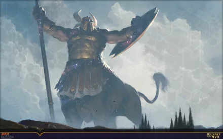 HD PC desktop wallpaper featuring a man-made Magic: The Gathering scene of a powerful armored minotaur warrior wielding a spear and shield against a cloudy sky.