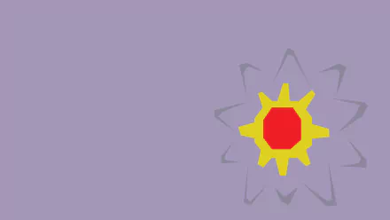 Minimalist HD PC desktop wallpaper of Starmie (Pokémon): flat mauve background with a stylized yellow-and-red Starmie and a faint gray star outline, minimalist gaming aesthetic.