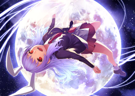 HD PC desktop wallpaper featuring Reisen Udongein Inaba from Touhou, depicted with long lavender hair, red eyes, and bunny ears against a glowing full moon background.