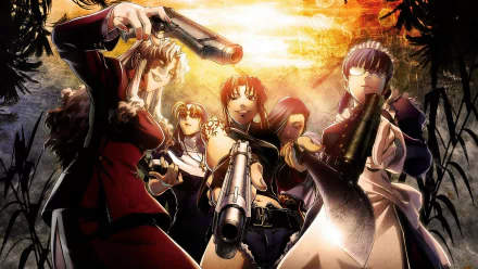 A dynamic HD wallpaper featuring characters Roberta, Balalaika, Shenhua, Revy, and Eda from the anime Black Lagoon, armed and ready against a dramatic sunset backdrop.