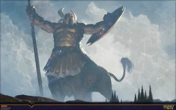 HD PC desktop wallpaper featuring a man-made Magic: The Gathering scene of a powerful armored minotaur warrior wielding a spear and shield against a cloudy sky.