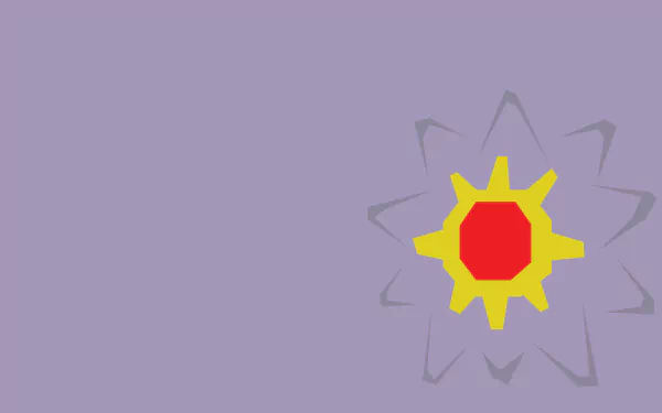 Minimalist HD PC desktop wallpaper of Starmie (Pokémon): flat mauve background with a stylized yellow-and-red Starmie and a faint gray star outline, minimalist gaming aesthetic.