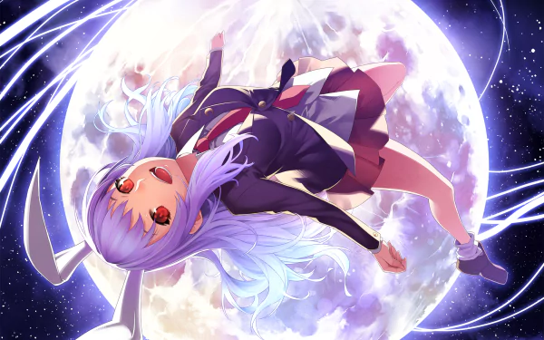 HD PC desktop wallpaper featuring Reisen Udongein Inaba from Touhou, depicted with long lavender hair, red eyes, and bunny ears against a glowing full moon background.