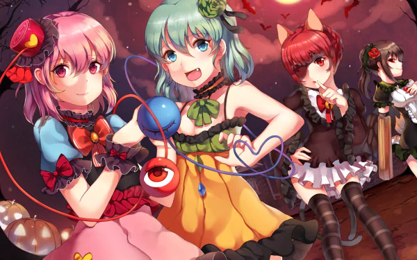 HD anime desktop wallpaper featuring Utsuho Reiuji, Satori Komeiji, Koishi Komeiji, and Rin Kaenbyou from Touhou, showcasing vibrant colors and dynamic poses.