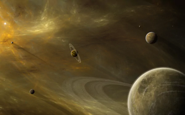 A mesmerizing sci-fi scene featuring multiple planets, including one with rings, set against a cosmic backdrop of swirling gases. 4K Ultra HD desktop wallpaper and background.