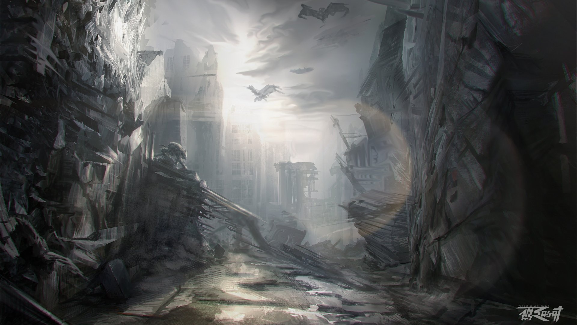 A dark fantasy landscape of a ruined city with towering structures and flying dragons, rendered in detailed 4K Ultra HD for a striking PC desktop wallpaper.