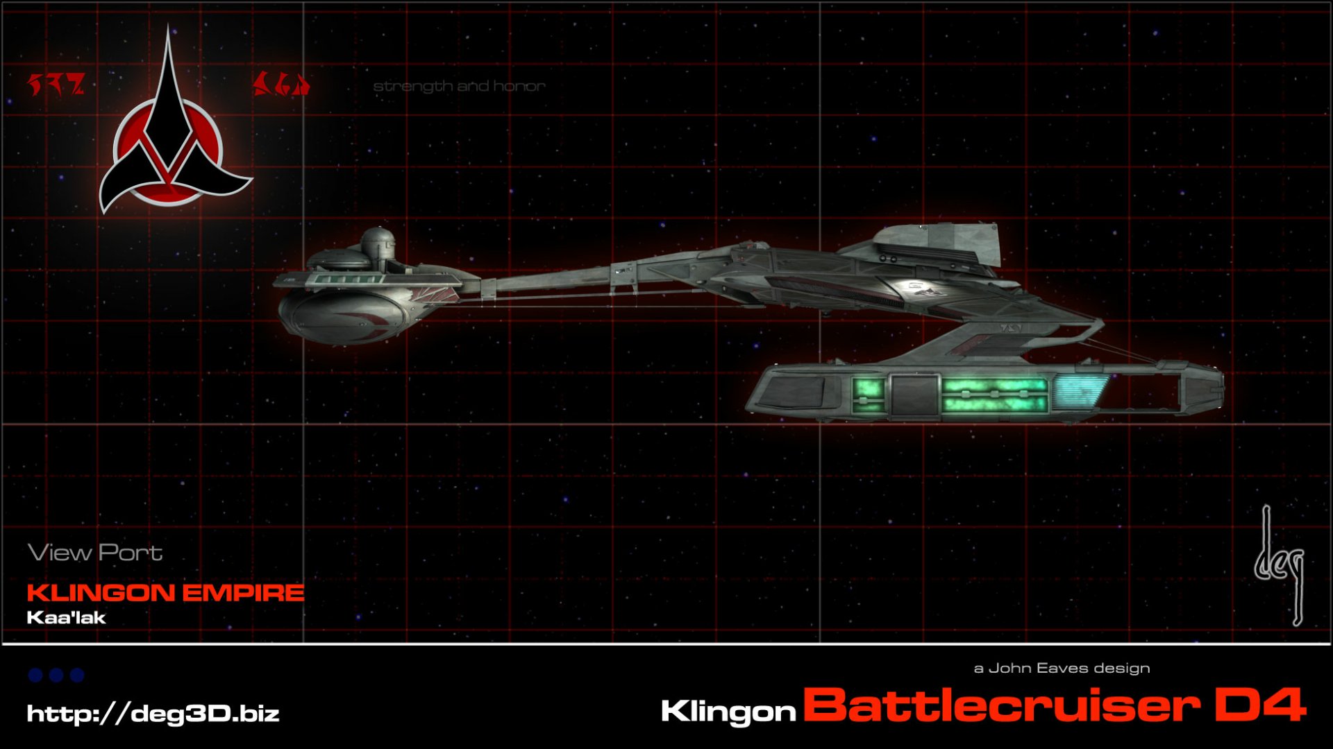 A detailed HD wallpaper showcasing a Klingon Battlecruiser D from the Star Trek universe, set against a grid background with the Klingon Empire emblem.