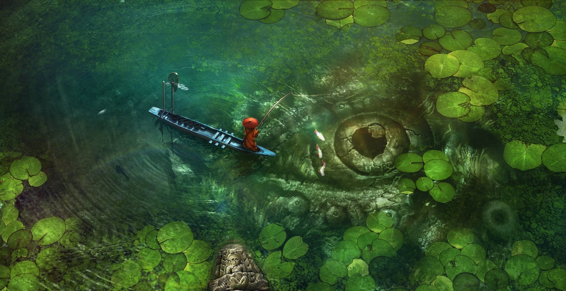 Fantasy HD wallpaper featuring a person in a red cloak on a narrow boat, floating above a giant submerged eye surrounded by water lilies.