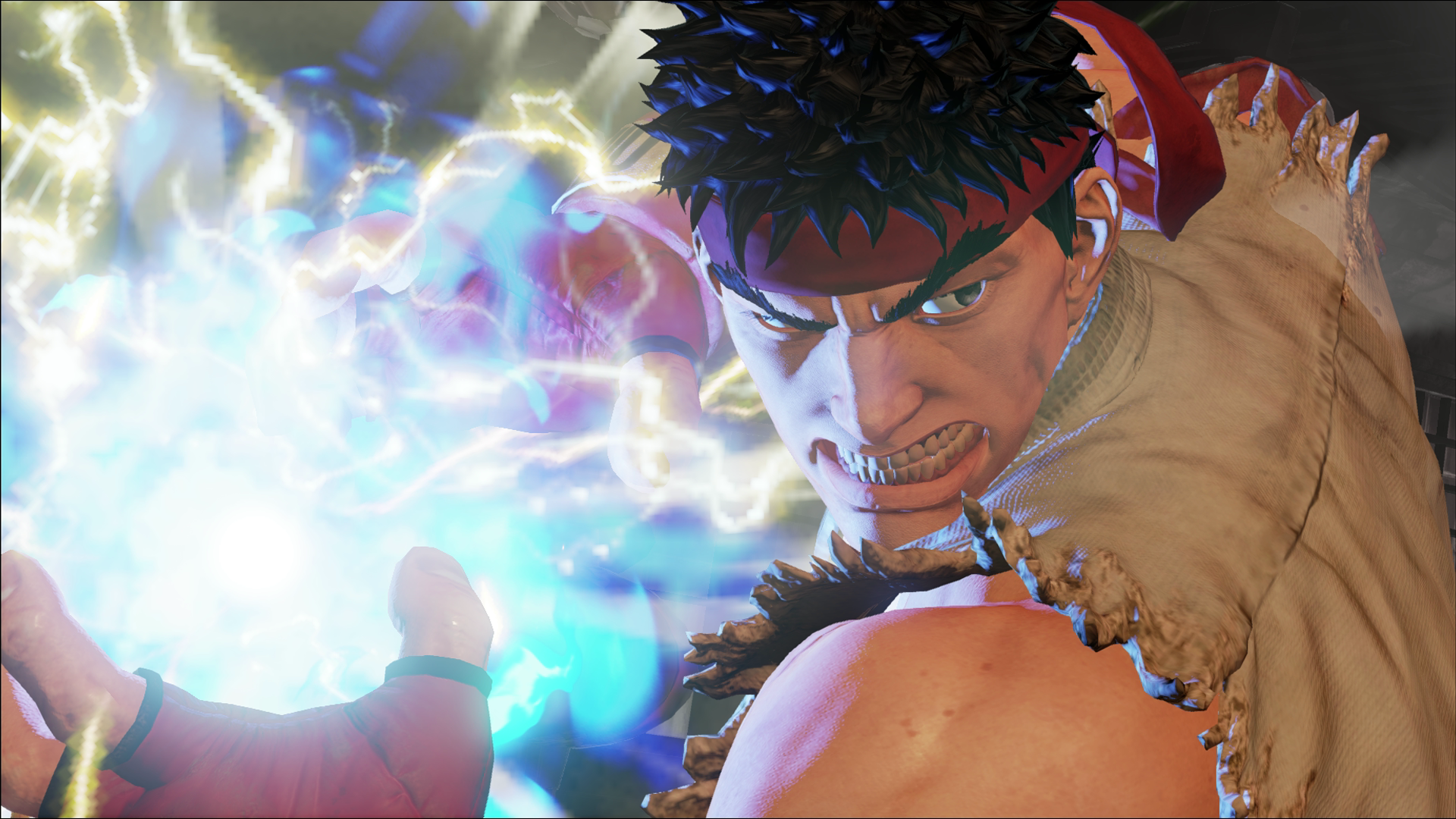 HD PC desktop wallpaper featuring Ryu from the video game Street Fighter V, showcasing his iconic Hadouken energy attack in vibrant detail.