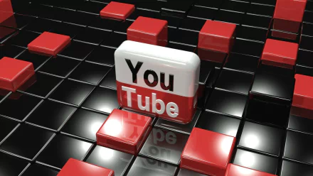 HD desktop wallpaper and background featuring a 3D technological design with a prominent YouTube logo centered among shiny red and black tiles.