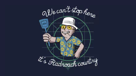 A vibrant wallpaper from Fallout: New Vegas featuring a character in a Hawaiian shirt, holding a shovel, with the caption We can't stop here, it's Radroach country.