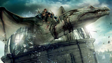 A dramatic scene from Harry Potter and the Deathly Hallows: Part 2, featuring characters riding a dragon amidst a shattered backdrop, captured in a vibrant HD wallpaper.