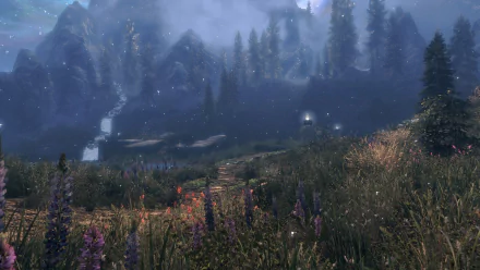 A stunning landscape from The Elder Scrolls V: Skyrim, featuring lush greenery, misty mountains, and a serene path, creating an enchanting HD wallpaper for your desktop.