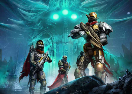 HD desktop wallpaper featuring characters from the video game Destiny, adventuring in an icy, alien environment under a glowing green sky.