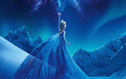 Elsa from Frozen stands gracefully in a snowy landscape, raising her arm to create a dazzling display of ice and magic against a vibrant night sky, captured in stunning HD detail.