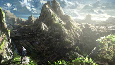 HD PC desktop wallpaper: fantasy landscape of a sunlit towering mountain, misty valleys, a stone bridge and lone traveler overlooking an expansive high-fantasy realm.
