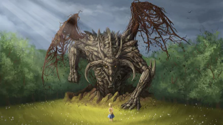 A 4K Ultra HD fantasy desktop wallpaper depicting a massive, ancient dragon emerging from the ground as a small figure stands before it in a sunlit clearing.
