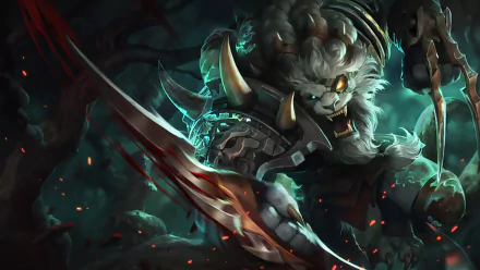 HD desktop wallpaper featuring Rengar, a character from League of Legends, in a dynamic pose with Ixtal-themed elements in the background. The image showcases high detail and vivid colors.