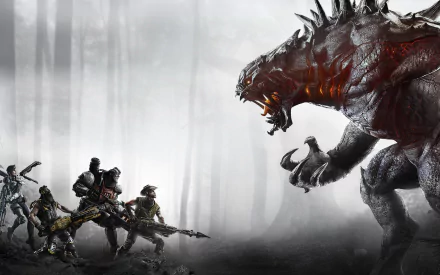 A dramatic scene from the video game Evolve, featuring a fearsome monster facing off against a team of hunters in a misty forest setting, captured as a high-definition desktop wallpaper.