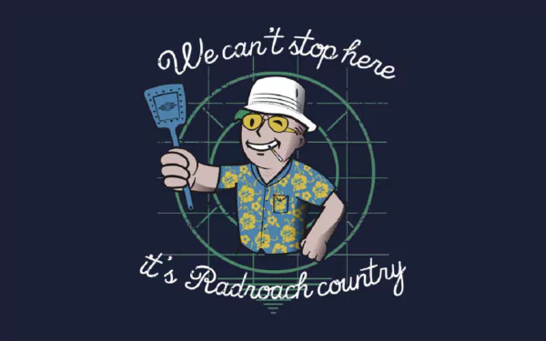 A vibrant wallpaper from Fallout: New Vegas featuring a character in a Hawaiian shirt, holding a shovel, with the caption We can't stop here, it's Radroach country.