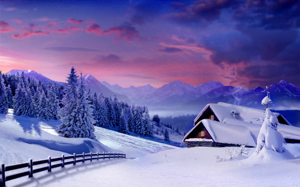 4K Ultra HD winter photography showing a serene snow-covered landscape with frosted trees, wooden fences, and a cozy cabin beneath a vibrant twilight sky.
