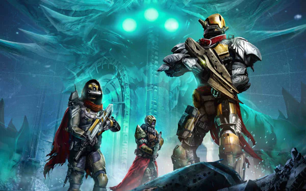 HD desktop wallpaper featuring characters from the video game Destiny, adventuring in an icy, alien environment under a glowing green sky.