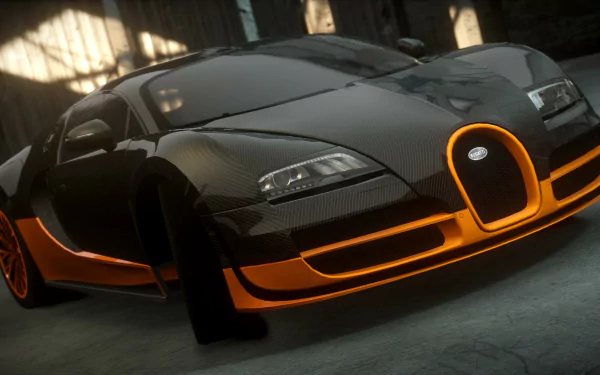 HD PC desktop wallpaper of a black-and-orange Bugatti Veyron in a dim industrial garage, from the video game Need for Speed: The Run.