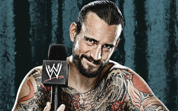 HD PC desktop wallpaper: tattooed wrestler smirking, holding a WWE microphone against a textured dark-blue forest backdrop — movie-style Best in the World background.